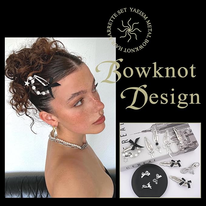 10PCS Silver Hair Clips Black Bow Hair Clips Alloy Y2K Hair Accessories Coquette Hair Bows for Women Girls