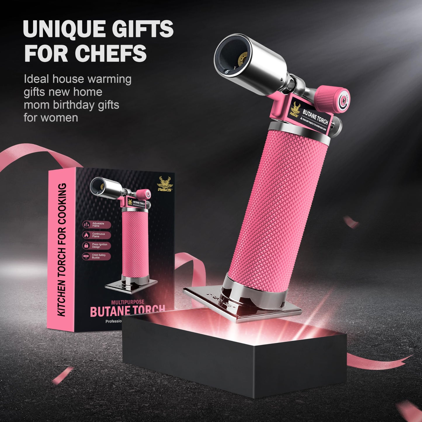 RAVS Butane Torch, Kitchen Torch Lighter for Creme Brulee with Adjustable Flame, Cooking Torch for Baking, BBQ, Desserts, Metal Mini Torch with Safety Buckle, Pink (Butane Not Included)