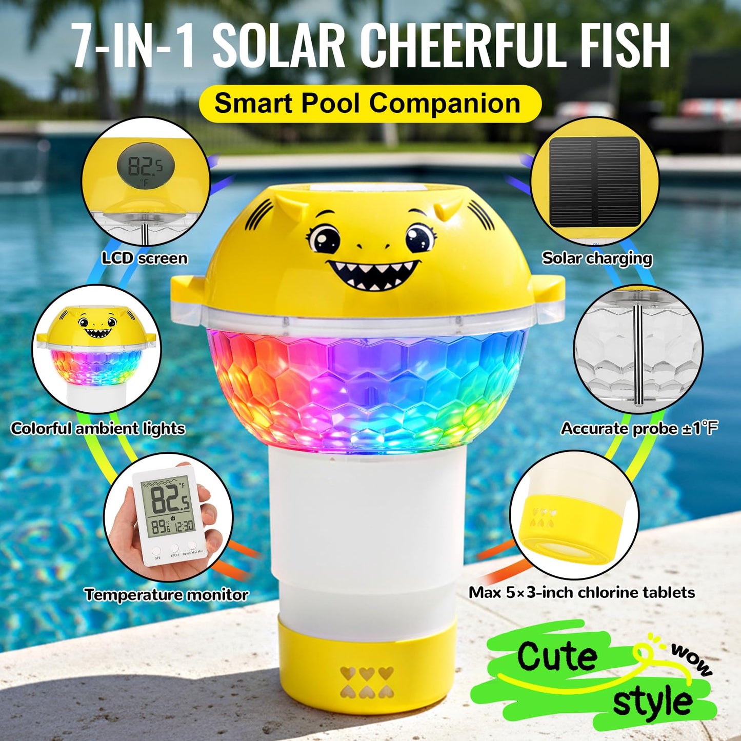 ORAPXI Solar Pool Chlorine Floater with Remote Temperature Monitor & LED Lights - Floating Chlorine Tablet Dispenser for Pool, Hot Tub and Spa