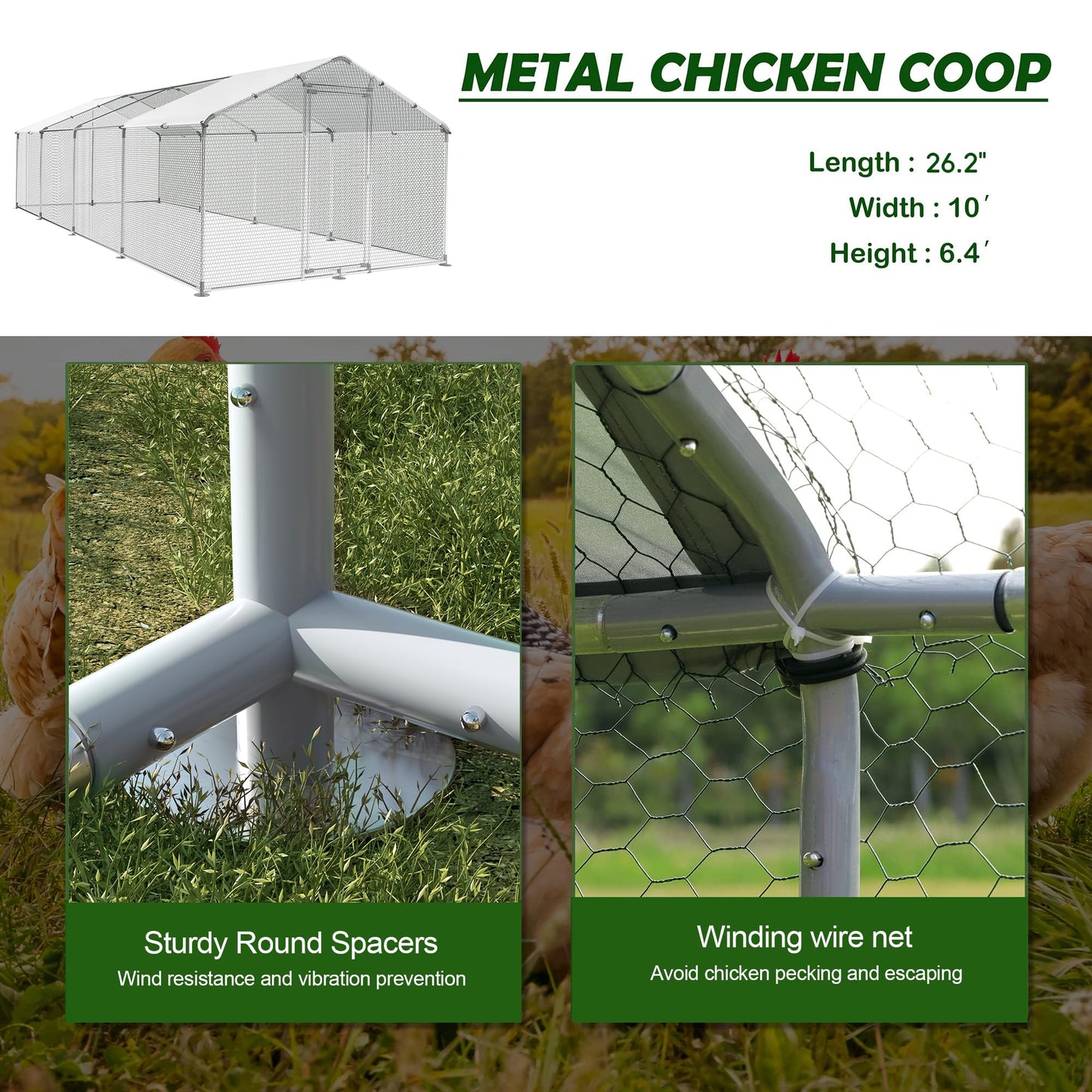 Large Metal Chicken Coop Round Top Upgrade Tri-Supporting Wire Mesh Chicken Run,Chicken Pen with Water-Resident and Anti-UV Cover,Duck Rabbit House Outdoor (Spire Roof 10’ W x 26.2’ L x 6.5’ H)
