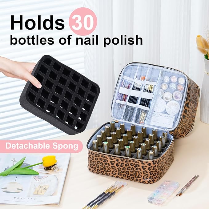 Uross Nail Polish Organizer Bag Holds 30 Bottles Nail Polish & Nail Kit -Nail Polish Storage Organizer Bag Nail Supplies Organizer Case for nail tech - Leopard