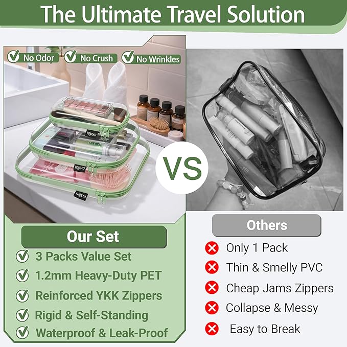 YQBRAO 3-Pack Clear Hard Shell Zipper Case Green, 1.2mm Heavy-Duty Crush-Proof Travel Makeup Bag, Multi-Size (L+M+S) Diaper Bag Organizer Pouches, Rigid Clear Zipper Pouches for Tech, Toys & Home
