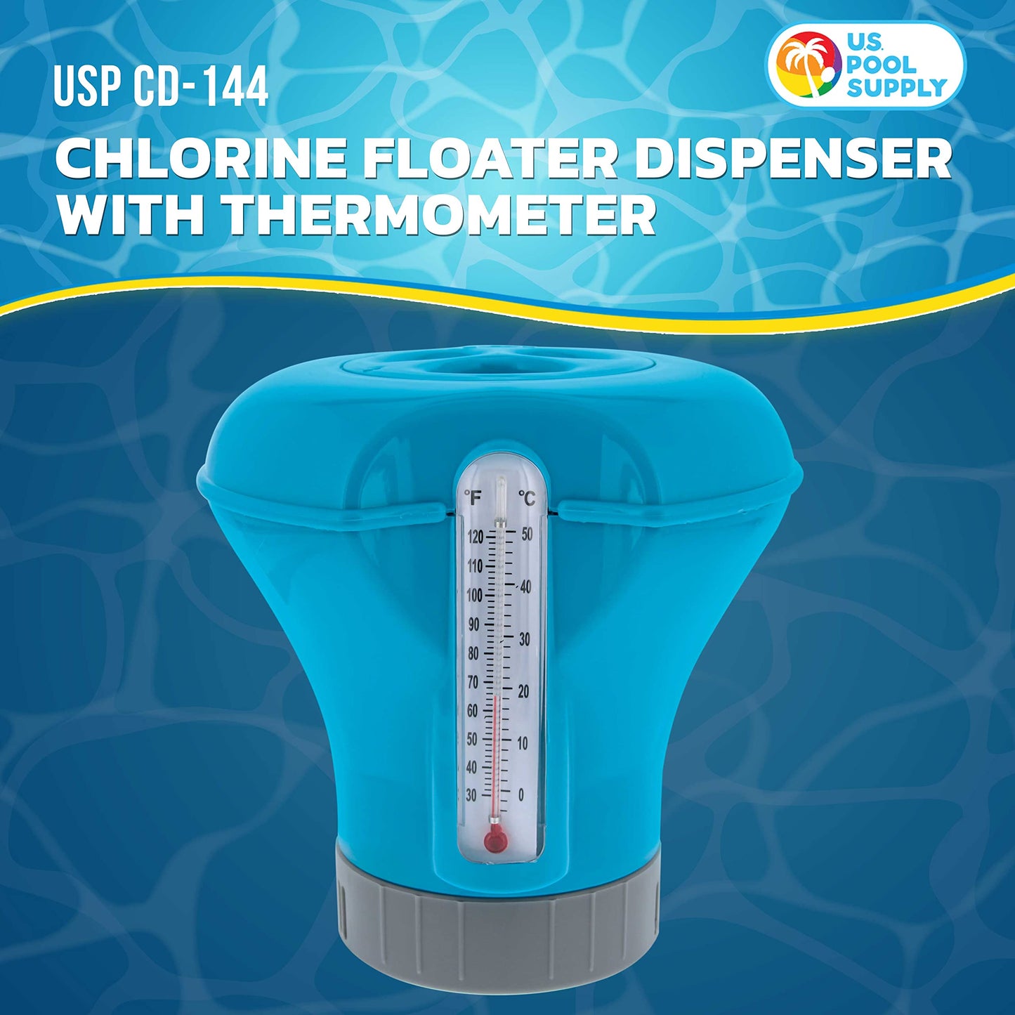 U.S. Pool Supply Pool Chlorine Floater Dispenser with Thermometer - 8" Diameter Floating Chlorinator, Large Capacity Holds 3" Tablets - Adjustable Ring for Balanced Delivery Multi