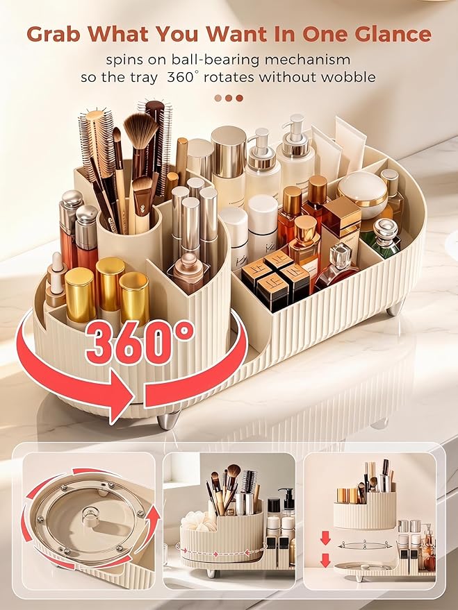 Booklov Rotating Makeup Caddy Organizer for Vanity, Large Capacity Cosmetic Display Case, Countertop Beauty Storage Holder for Skincare, Brush Eyeshadow Lipstick, Counter Desk Organization, Cream