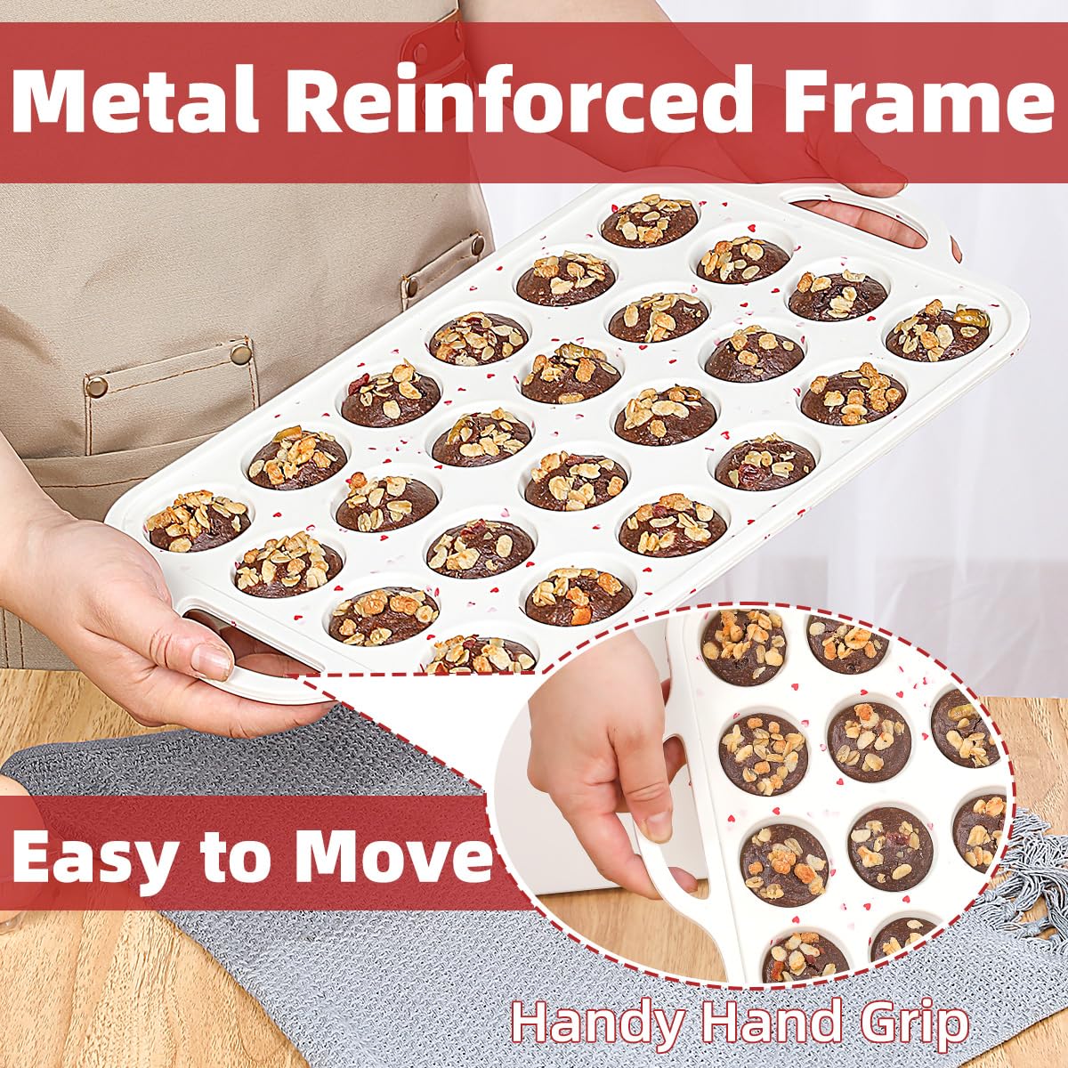 CAKETIME Mini Muffin Pan, Metal Reinforced Frame Mini Cupcake Pans 24 Cups Nonstick Muffin Silicone Molds with Handle for Baking Muffins, Cupcakes, Egg Bites 2 Pack Heart-Shaped