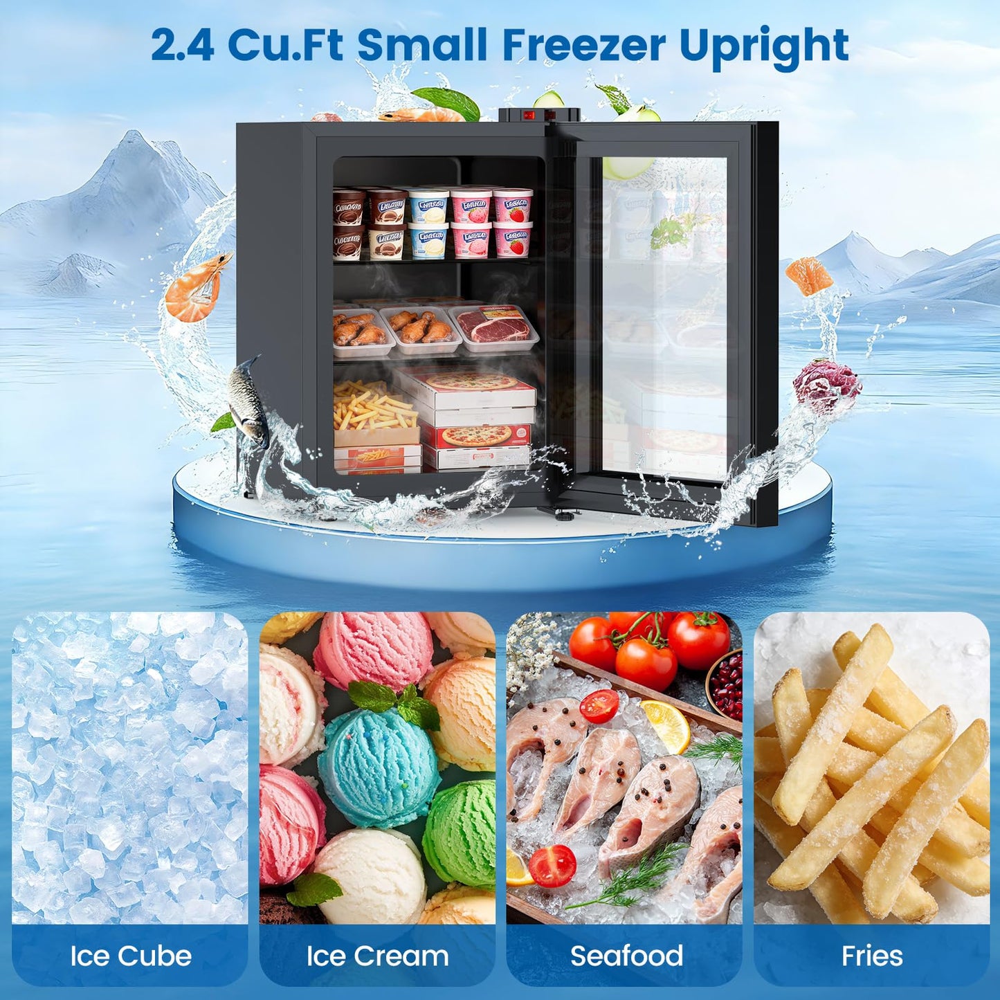 Kndko 2.4 Cu Ft Mini Freezer with Display Glass Door, 7 Adjustable Temperature Settings -10°F to -18°F, Upright Small Freezer With Removable Shelves Perfect for Ice Cream