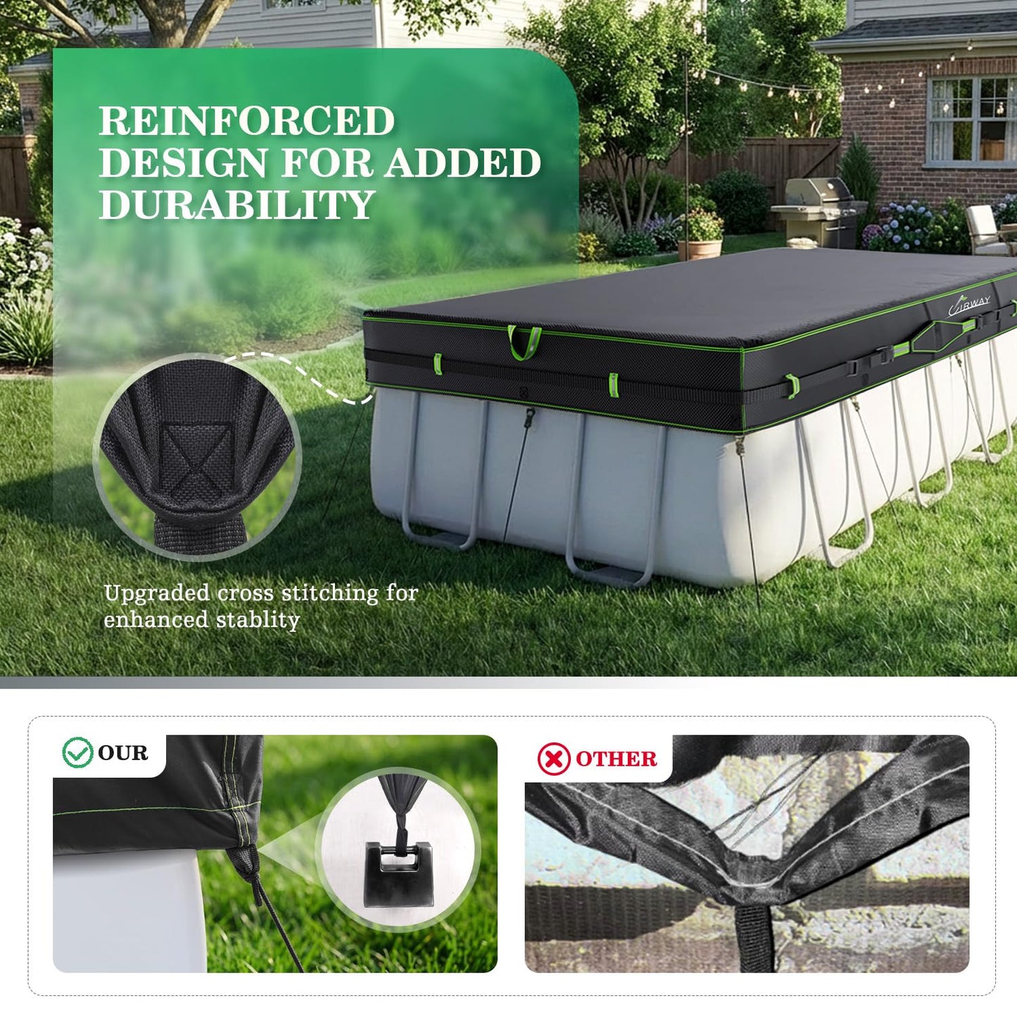 UIRWAY 500D Pool Cover 9x18FT Rectangular [2026 Upgraded Heavy Duty Fabric] Solar Pool Covers for Above Ground Pools, Swimming Pool Covers Including Windproof Straps and Luminous Ground, UV Resistant