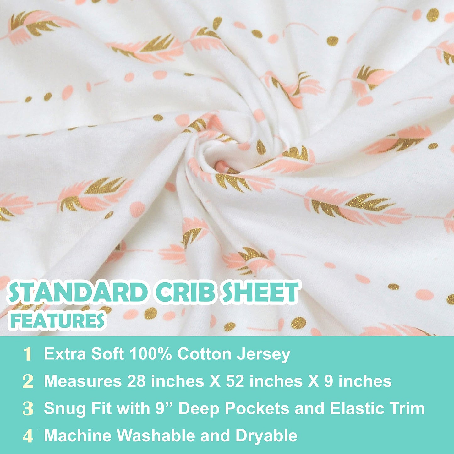 American Baby Company 2 Pack Fitted Crib Sheets 28" x 52", Soft Breathable Neutral 100% Cotton Jersey Sheet, Sparkle Gold/Pink Feathers/Arrows, for Boys and Girls, Fits Crib and Toddler Bed mattresses