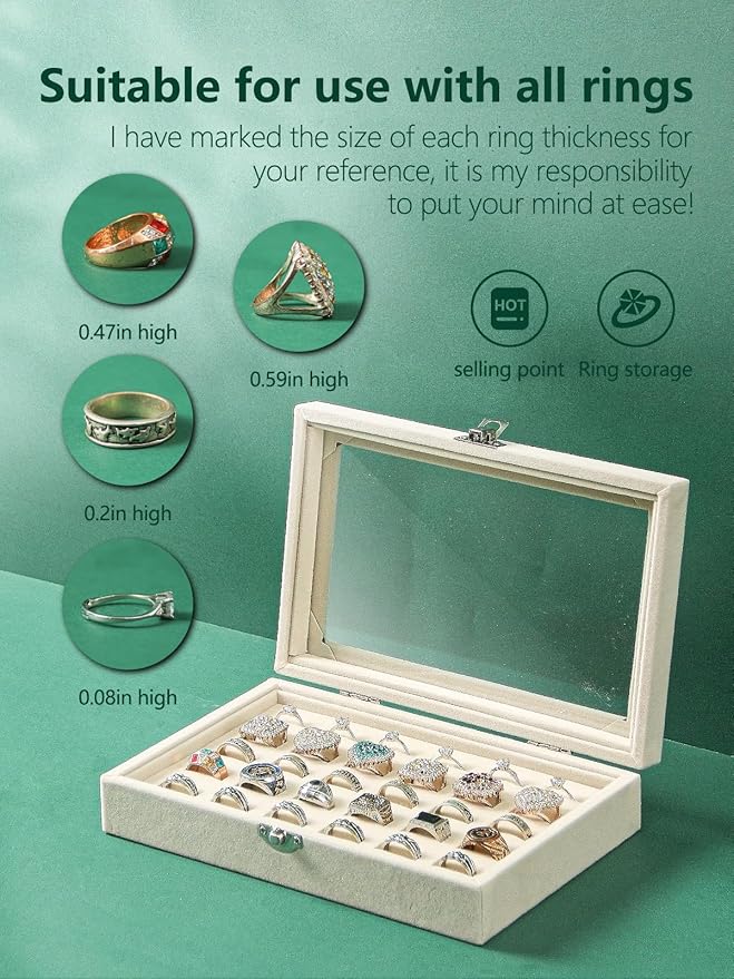 Ring Holder Organizer Box,Jewelry Ring Display Case, Earring Necklace Storage Tray With Top Glass Lid (Beige, 30 Slots Ring)