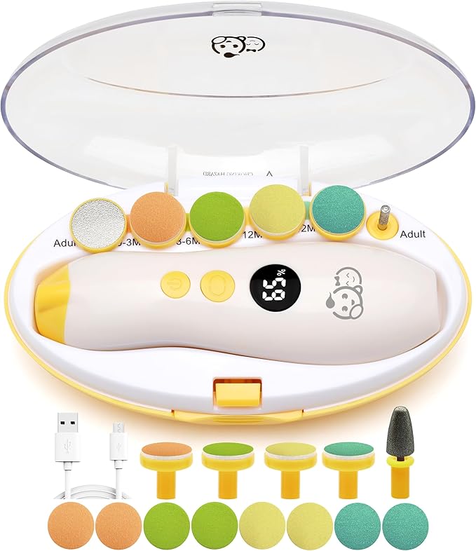 Royal Angels Rechargeable 22 in 1 Baby Nail Trimmer with LCD Display, Labeled Case, 13 Extra Pads, Safe Quiet LED Light Electric Baby Nail File Kit for Newborns Toddlers (Mango)