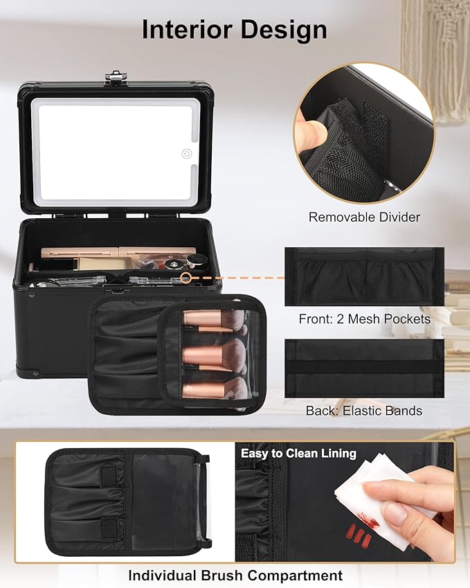 Relavel Travel Makeup Bag With LED Mirror, Makeup Bag With 3-Mode Light Up Mirror, Cosmetic Makeup Organizer Vanity Case for Women Beauty Accessories, Rechargeable Makeup Travel Storage - Black