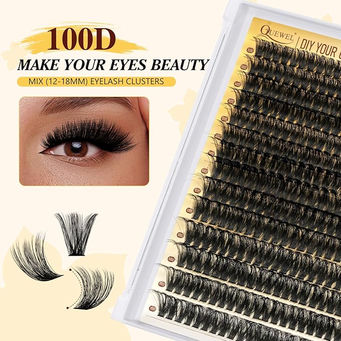 QUEWEL Lash Clusters Kit, 320Pcs 100D Lash Cluster Eyelash Extensions Mix 12-18mm 3D Eyelash Clusters with Lash Bond and Seal and Lashes Tweezers Easily Create 3D Lashes Clusters at Home(100D Kit)