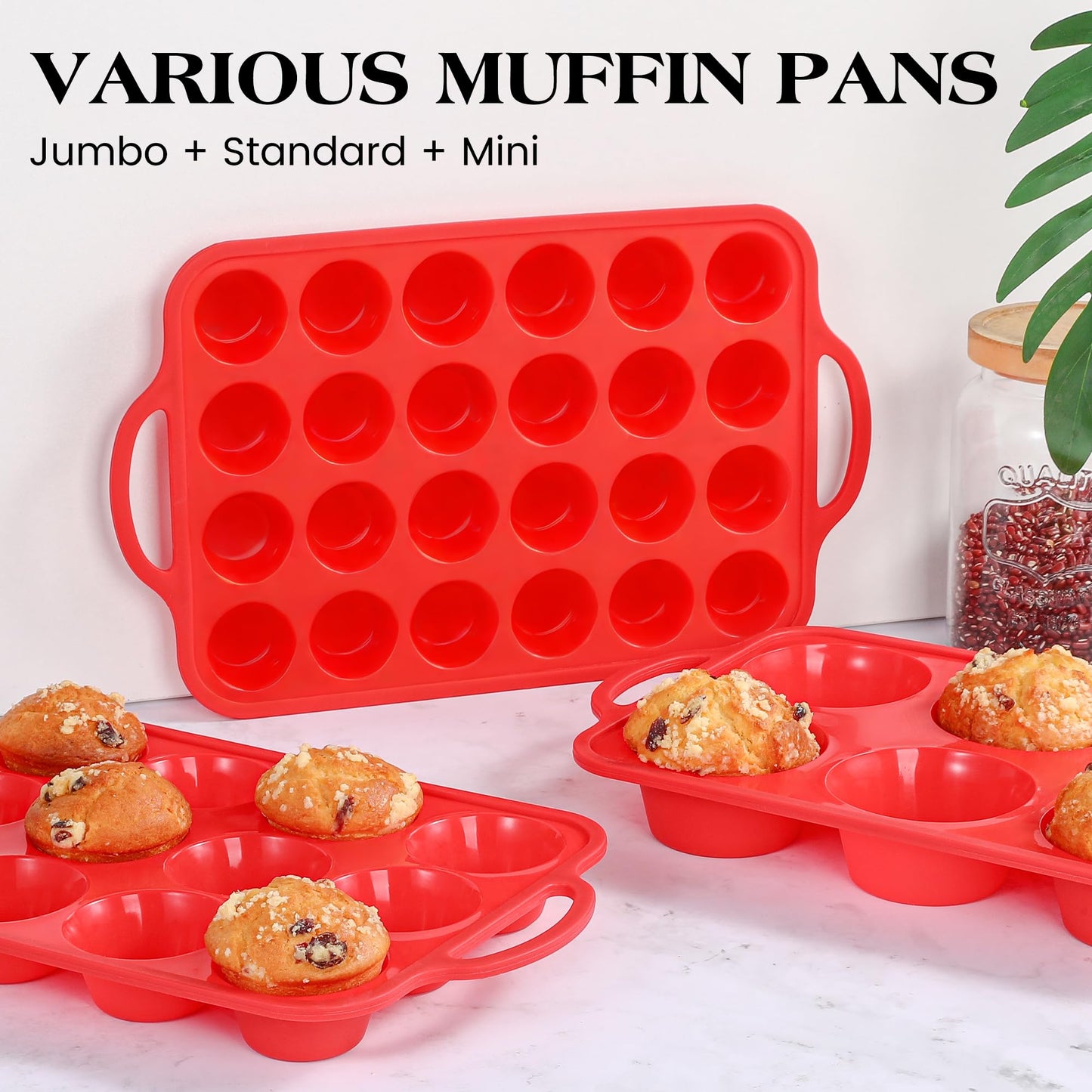 AOTASO Silicone Mini Muffin Pan With Stainless Steel Reinforced Frame 24 Cups Nonstick Cupcake Molds for Baking Silicone Muffin Tray with Handles(2 Pcs, Red)