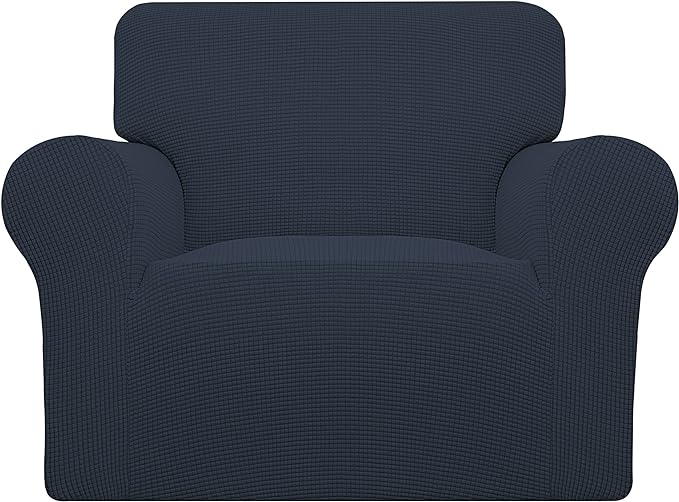 Easy-Going Stretch Chair Sofa Slipcover 1-Piece Couch Sofa Cover Furniture Protector Soft with Elastic Bottom for Kids, Pet. Spandex Jacquard Fabric Small Checks (Chair, Dark Blue)