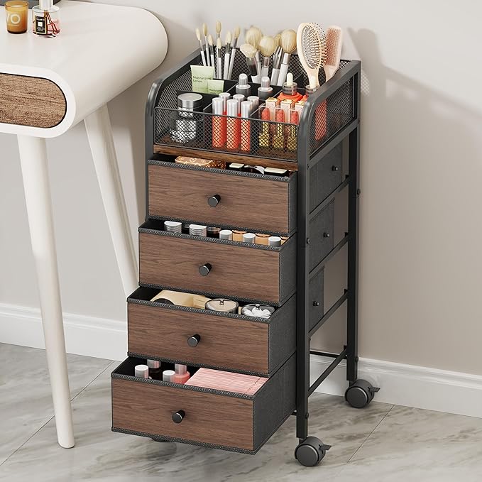 SWTYMIKI Rolling Makeup Organizer Cart - Under Desk Vanity Makeup Storage with 4 Non-woven Drawers, Nail Cart Organizer Cosmetic Display Cases Cabinet for Skin Care Perfume Nail Polish Brush Hair Tool