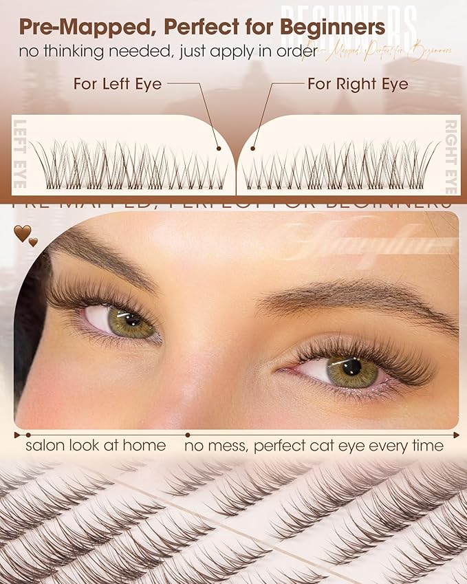 Brown Lash Clusters Natural Cat Eye Eyelash Extensions, 7-12MM Pre-Mapped Wispy Individual Lashes For Easy Application, C-Curly Clear Band, For Natural Lifted Look
