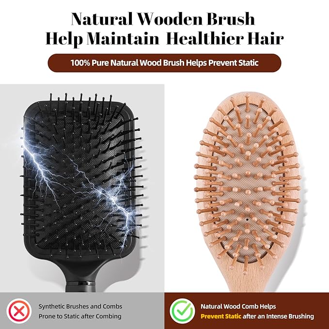 Wooden Hair Brush and Comb, One-piece Design, Reduce Frizz and Static, Massage Scalp, Detangling Paddle Hairbrush for Women, Girls, Kids, Includes Cleaning Claw, 5 Wood Bristles