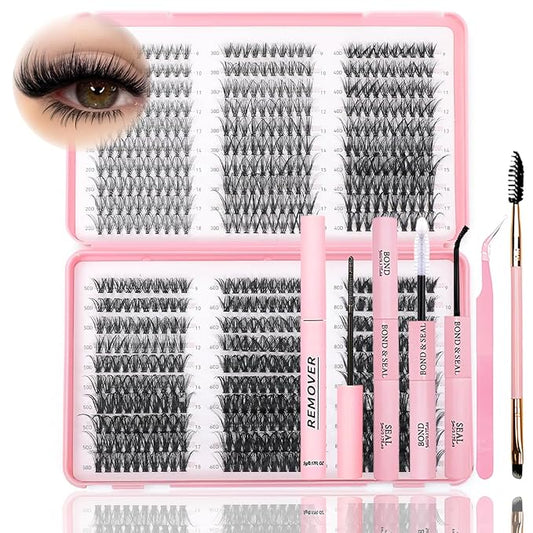 Lash Clusters Kit, 590 Pcs Eyelashes Clusters Kit 9-18mm Individual Lash Extension Kit D Fluffy Wispy False Eyelashes (20D+30D+40D+50D+60D+80D, Lash Clusters Kit)