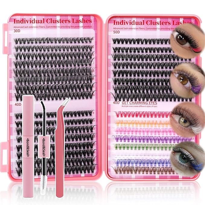 Lash Clusters Kit DIY Lash Extension Kit Colored Cluster Lashes Eyelash Extension Kit Individual Lashes with Lash Bond and Seal,Lash Tweezers Natural Look RITALASH(30D+40D+50D+40D Colored Kit,9-16mm)