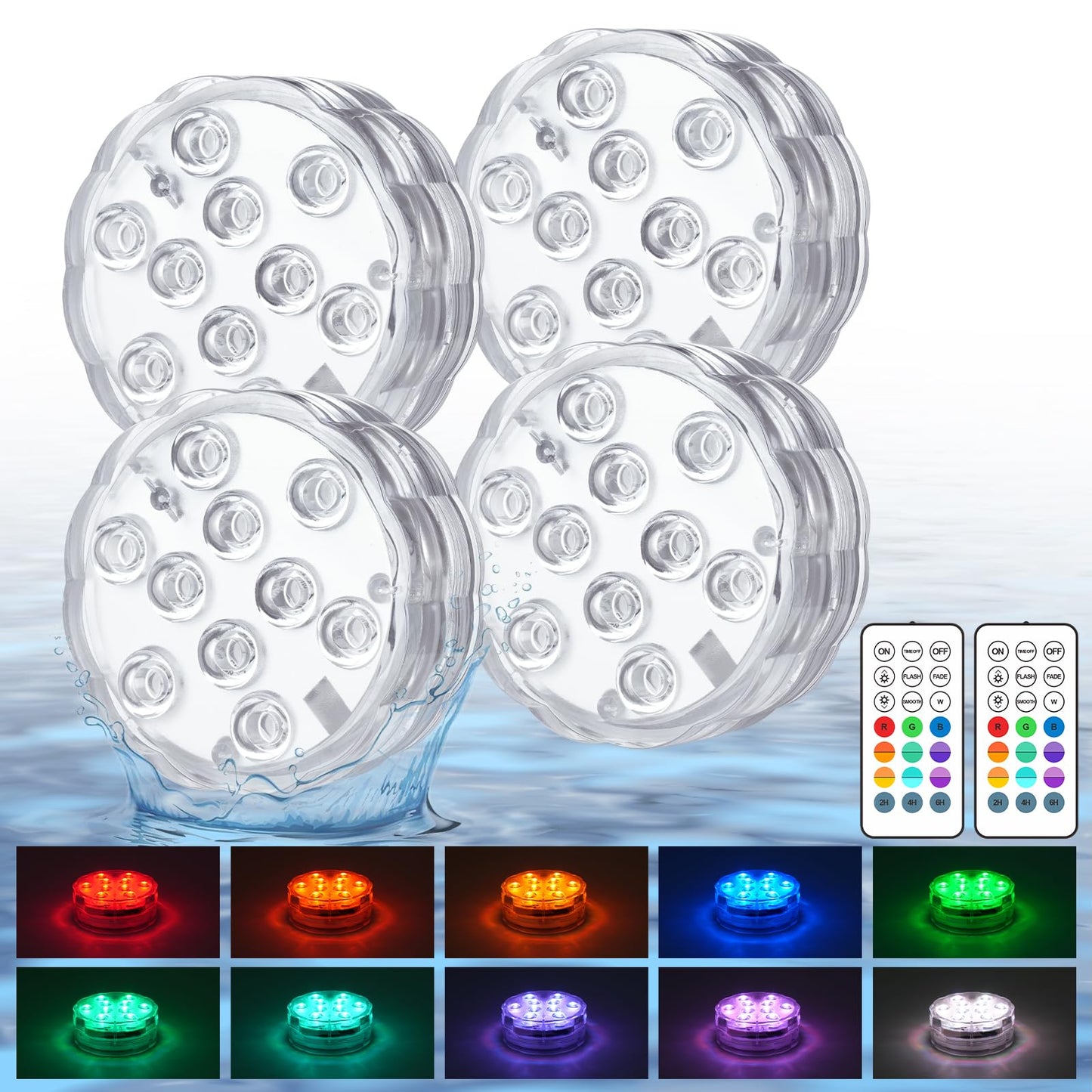 Creatrek Pool Lights with Remote, 10 Color Changing Pool Lights for Above Ground Pools, Battery Operated Submersible LED Lights for Pond, Bathtub, Hot Tub, Party, 4 Pack