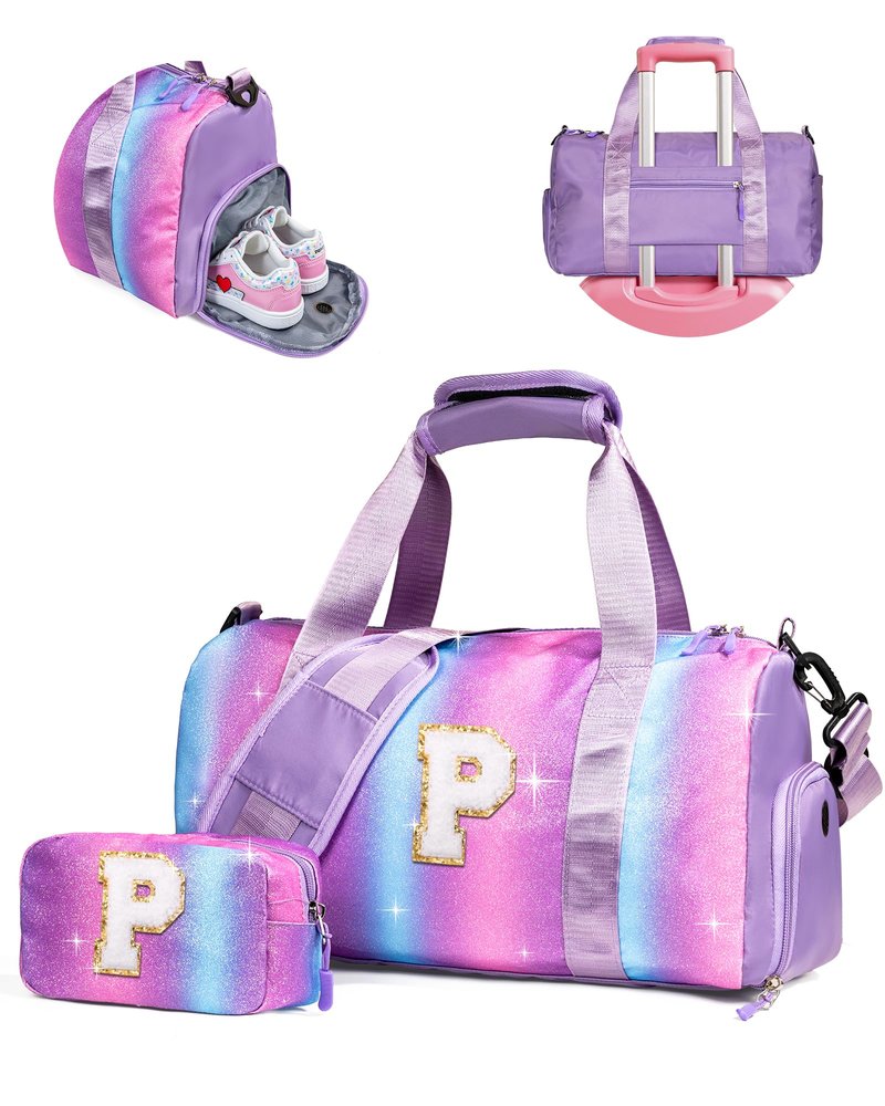 Vogewood Girls Trip Gifts for Kids-Girl Gym Bag with Shoe Compartment, Kid Personalized Weekender Overnight Bags, Initial Travel Tote with Makeup Pouch, Valentines Day Gift (Letter P)