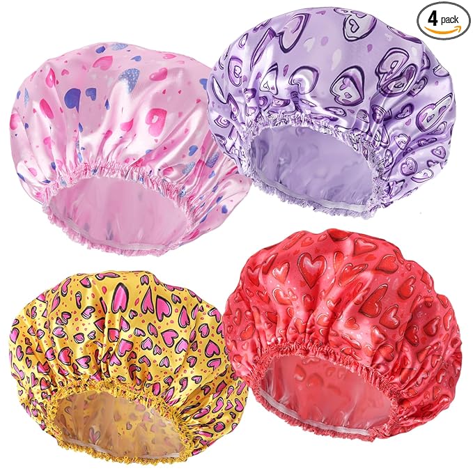 4 PCS Shower Cap for Women, Elastic and Reusable Bath Caps, Double Layers Shower Caps Reusable Waterproof, Bathing Shower Caps, Environmental Bath Hair Protection Cap - Heart