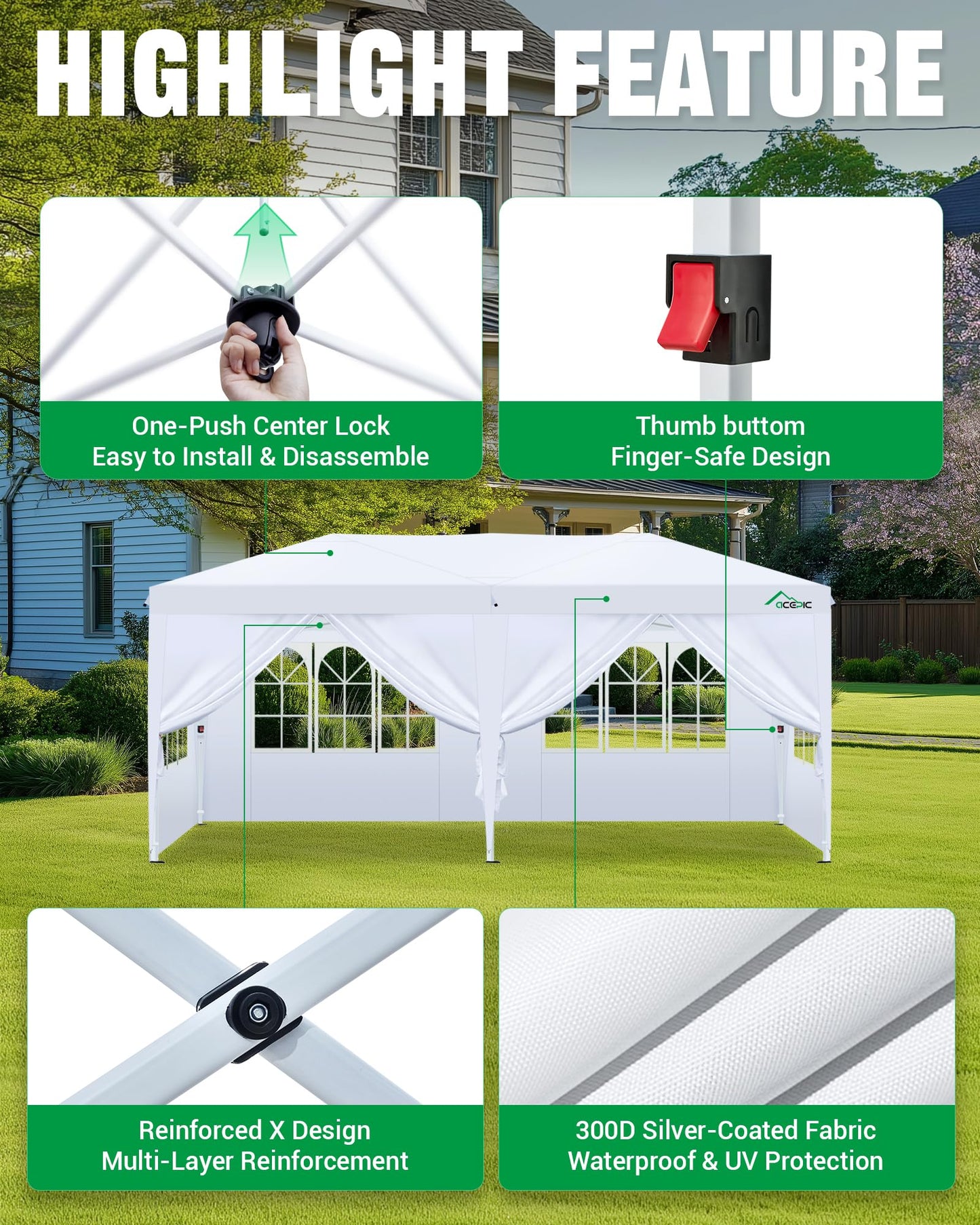 Acepic 10x20 Pop Up Canopy,2 Central Lock Easy Set-up Outdoor Party Tent, Commercial Tent, 6 Removable Sidewalls, Stakes x12, Ropes x6, Hand Bag x1, Sandbags x4 (White, 10 * 20)