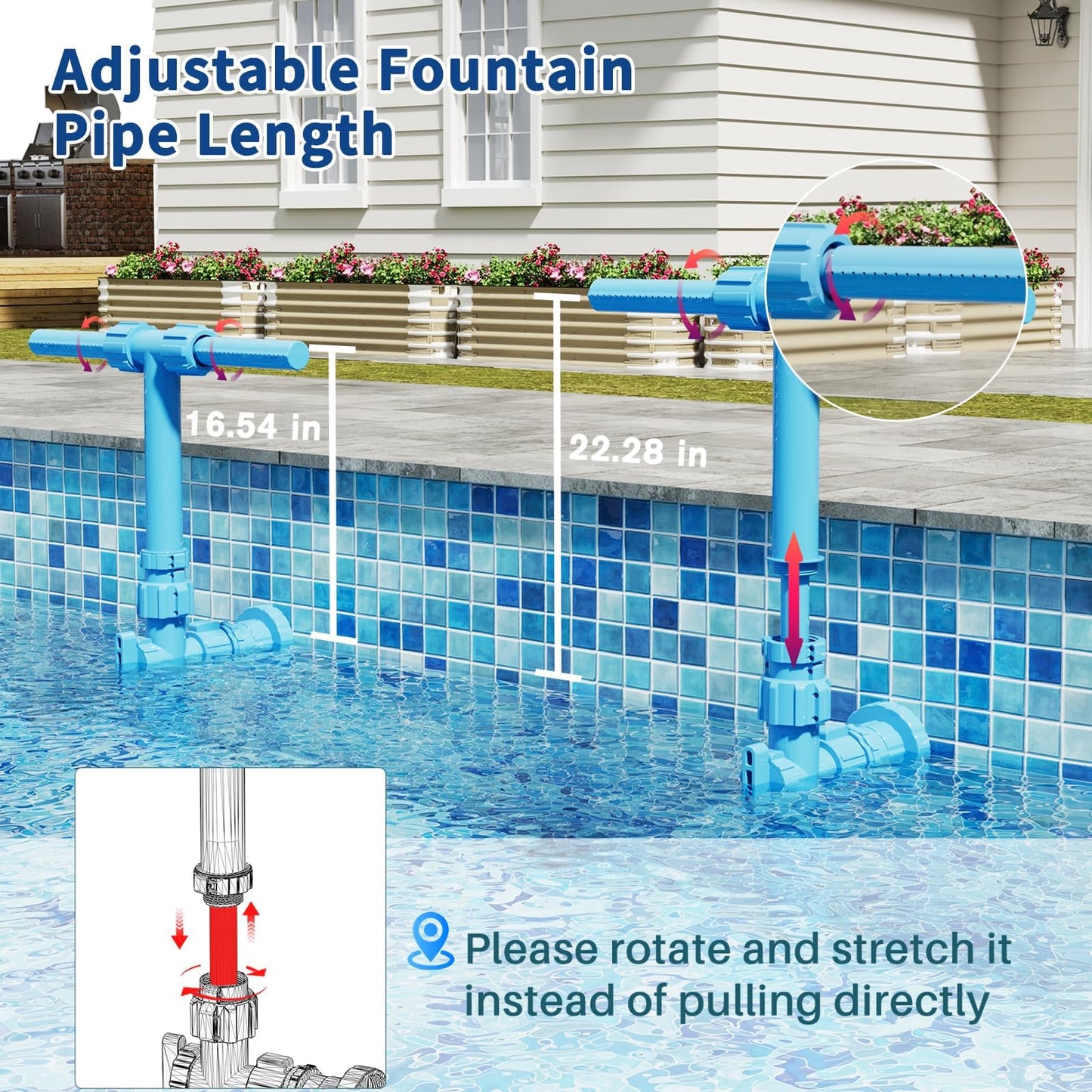 Pool Fountain, 2-in-1 Water Fountains with 360° Adjustable Dual Spray Retractable Height High-Pressure Waterfall Sprinkler for Above Ground/Inground Pool Accessories, Swimming Pool Spa Cooling, Blue