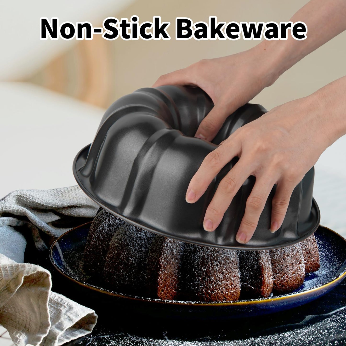Novery 9.5" Non-stick Cake Pan, Heavy Duty Carbon Steel Fluted Tube Round Baking Pan,Buntz Pound Cake Pan Mold,Tube Bakeware,Baking Mold for Jello,Gelatin,Chocoflan,Flan - 2 PCS