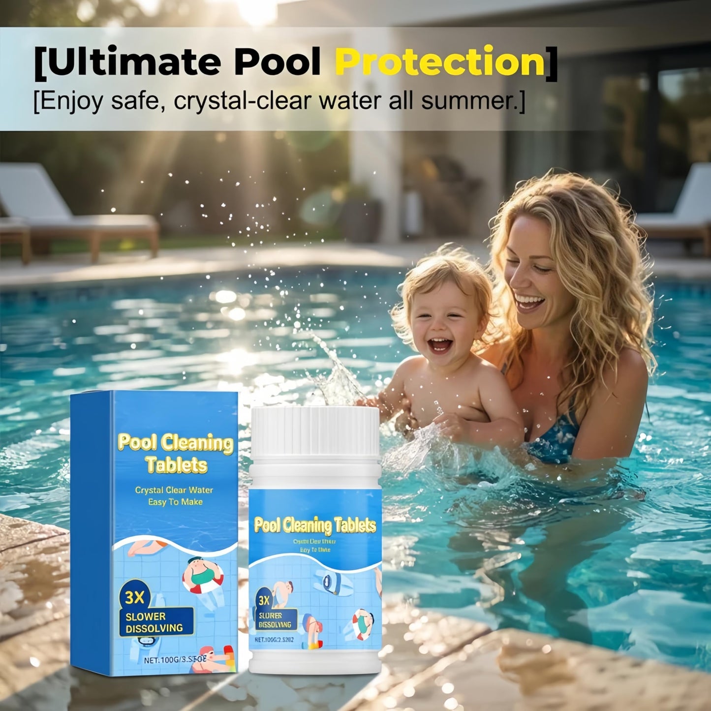 Pool Cleaning Tablets for Crystal Clear Water, Clears Dull, Hazy or Cloudy Wate Eliminate Odors, Fast Acting, Maintain Water Quality Balance (100g)