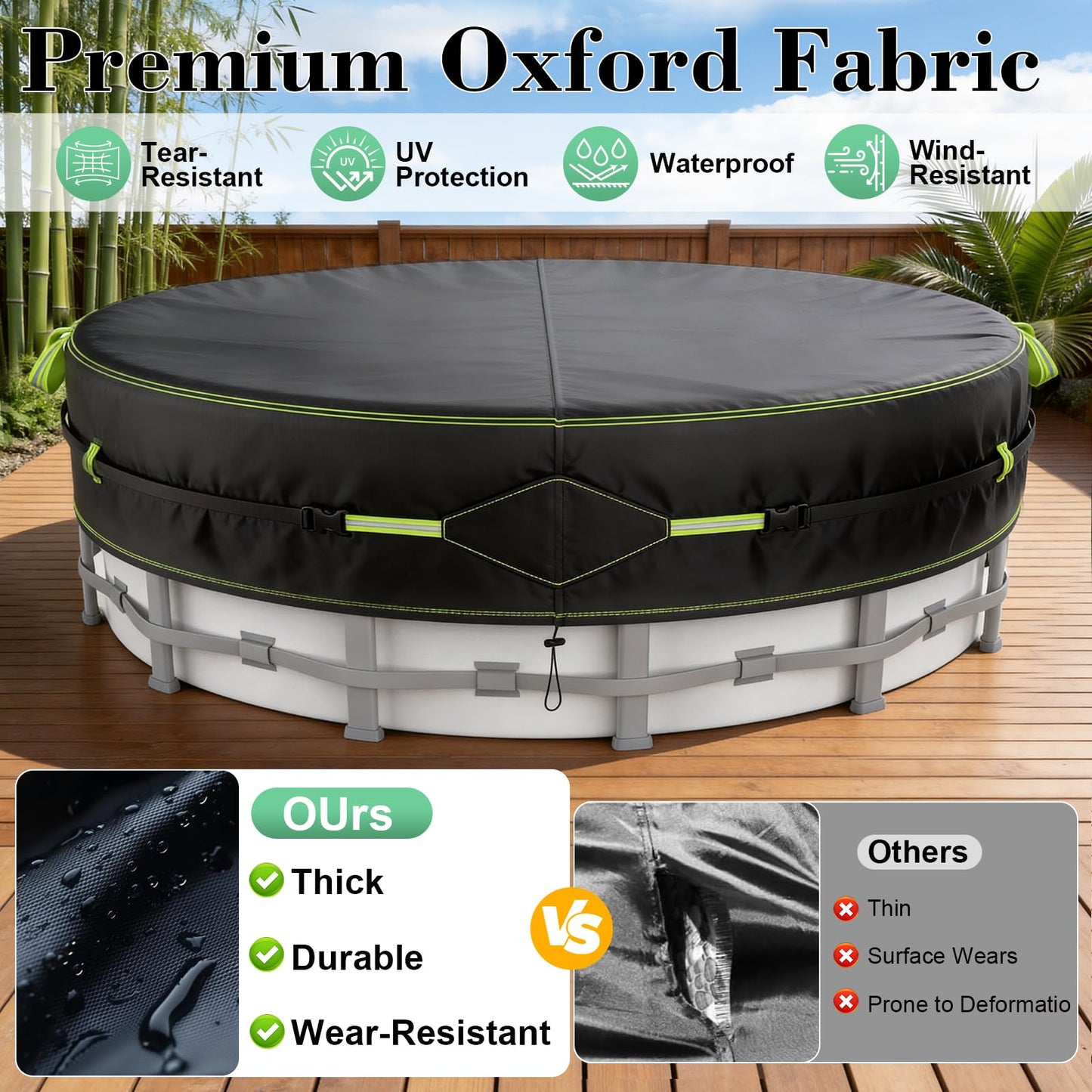 10Ft Round Pool Cover for Above Ground Pools, Safety Solar Pool Covers with Reflective Strips, Rope and Luminous Nails, Upgraded Thicker Oxford, PU Tarp Snug, UV Protected, Windproof, Tear Resistant