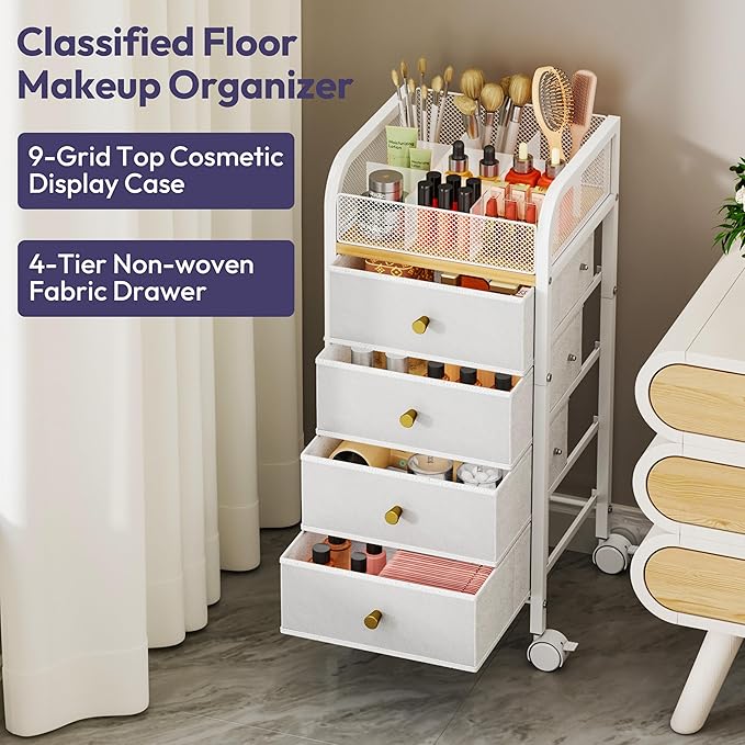 SWTYMIKI Rolling Makeup Organizer Cart - Under Desk Vanity Makeup Storage with 4 Non-woven Drawers, Nail Cart Organizer Cosmetic Display Cases Cabinet for Skin Care Perfume Nail Polish Brush Hair Tool