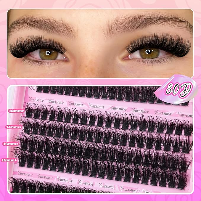 Yawamica Fluffier Eyelash Clusters Wispy Lash Extension 60D+80D+90D Thick Volume Individual Lashes D Curly 12-18mm Cluster Eyelash Extensions 240pcs DIY Lash by Self