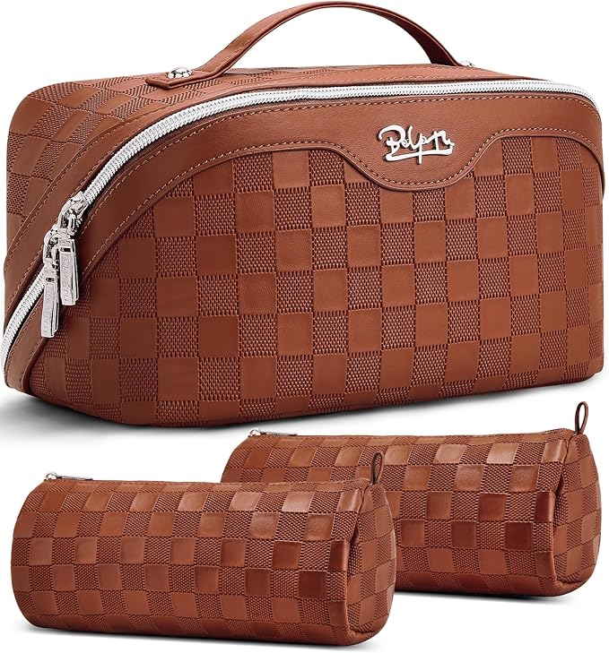 BOYATU Travel Makeup Bag Organizer Cosmetic Bag: 3 Pcs Set Make up Bags for Women with Handle - Waterproof Vegan Leather Toiletry Bags Travel Essentials Pouch with Compartments (03-A-Brown)