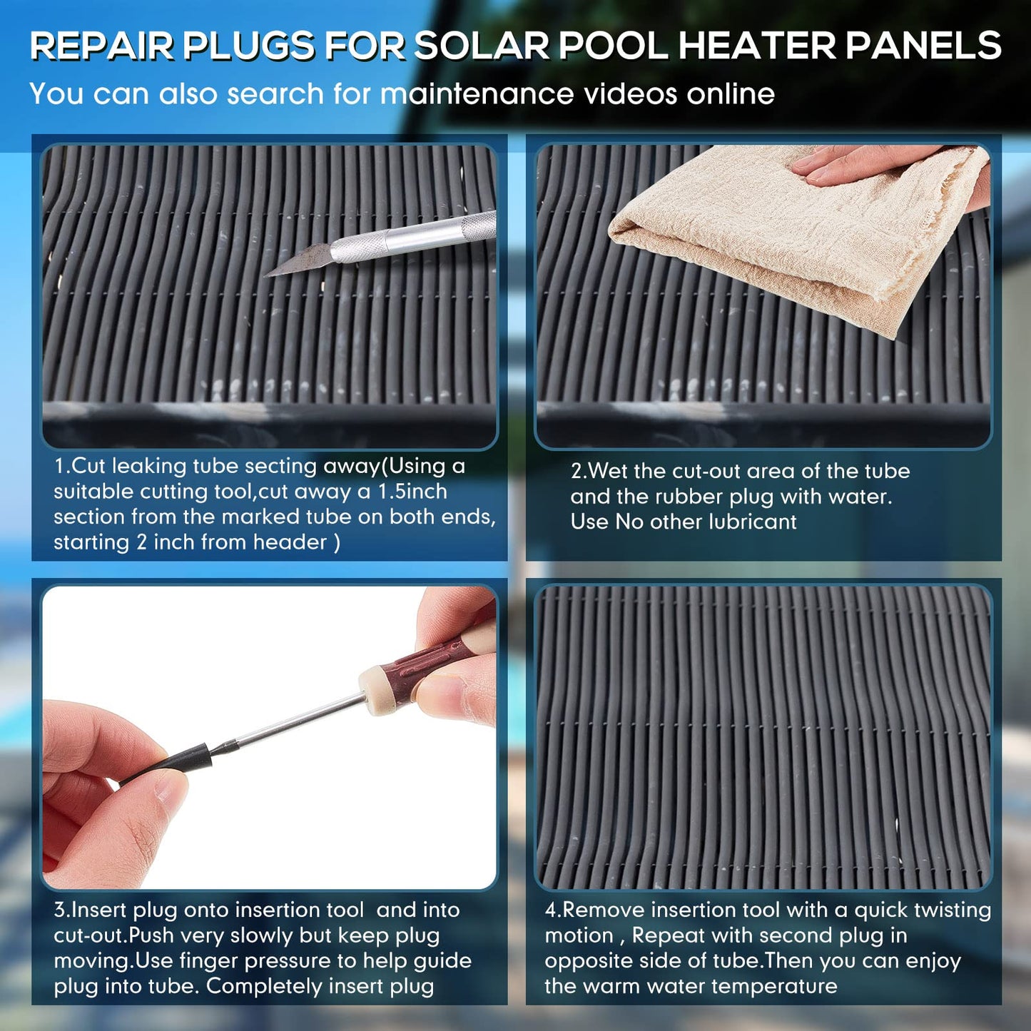 Riakrum 60 Pcs Pool Solar Panels,Repair Plugs Solar Pool Heater, Repair Kit Pools Solars Plugs for Solars Swimming Heater Panels, Black (0.25" Diameter)