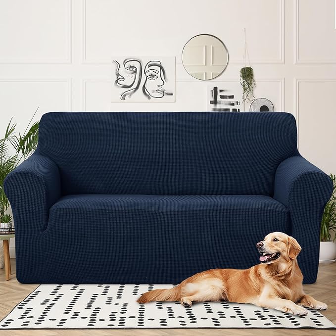 U-NICE HOME Oversized Stretch Loveseat Couch Cover Sofa Covers Washable Sofa Slipcover Furniture Protector for 2 Cushion Couch Sofa Pet Friendly, Navy