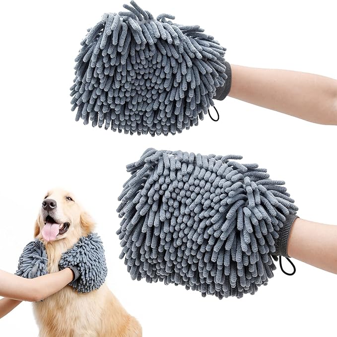DogLemi Dog Dry Bath Gloves, Dog Washing Quick Drying Paw Towel, Chenille Microfiber Pet Dirty Dogs Grooming Glove for Large Medium Small Pet, Super Absorbent, Machine Washable 2 Pack