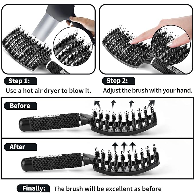 Boar Bristle Hair Brush 2 Pack, HIPPIH Wet & Dry No Pull Curved Vented Hair Brush, Styling Magical Detangler Brush for Kids & Men, Hairbrush for Women Can Adds Shine & Smooth Curly Thick Hair