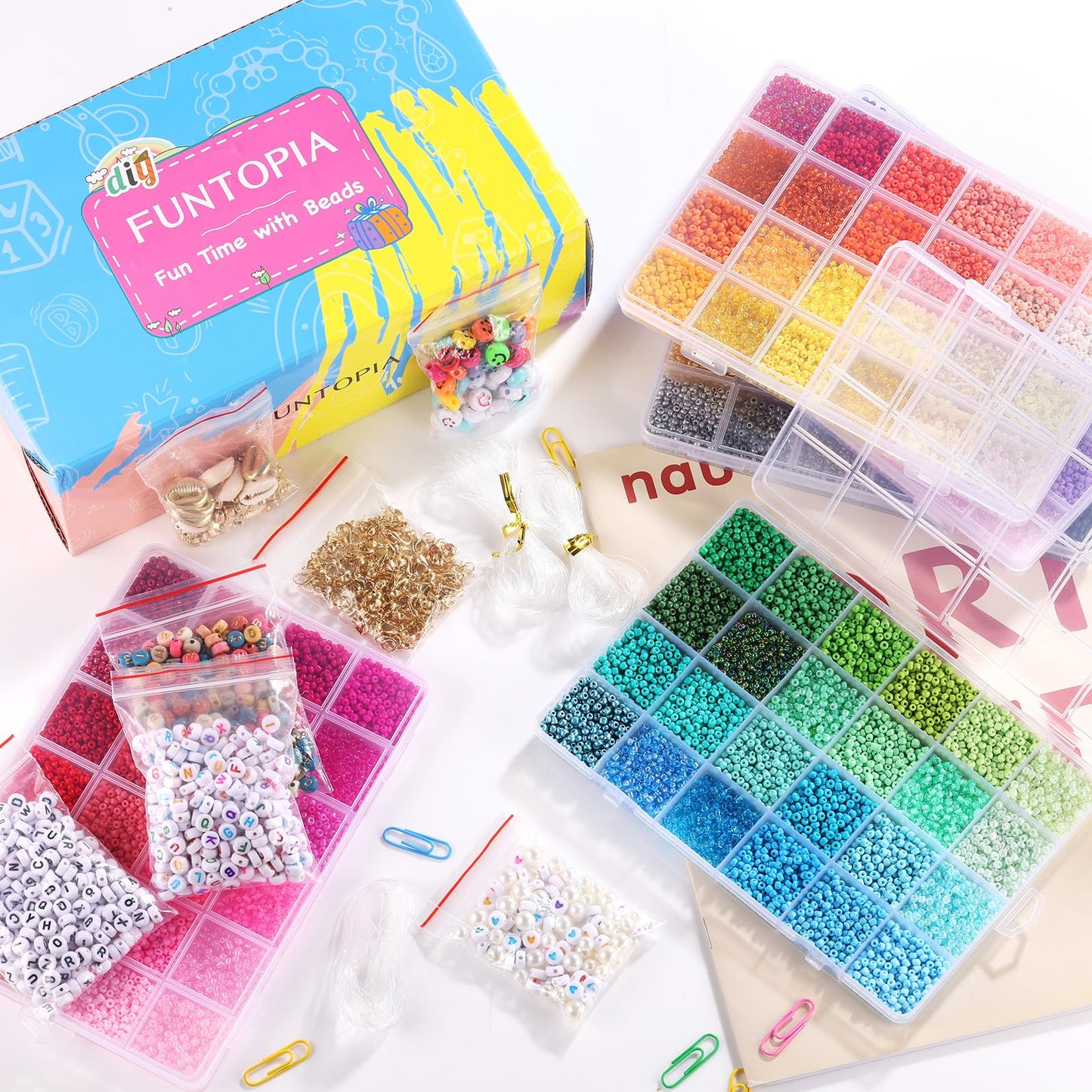 Funtopia 4mm 13000pcs+ Seed Beads for Jewelry Making, 120 Colors Small Glass Beads for Bracelets, Friendship Bracelet Kit with Alphabet Letter Bead Smile Face Bead for DIY, Art and Craft