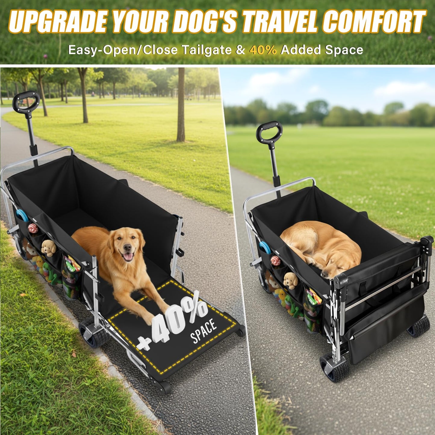 nuzzpawur Dog Wagon for Large Dogs Up to 400 lbs, Foldable Dog Stroller for Medium to Large Dogs with Tailgate, Pet Carts with Wheels for Walking, Beach, Garden, Camping, Sport, Black L