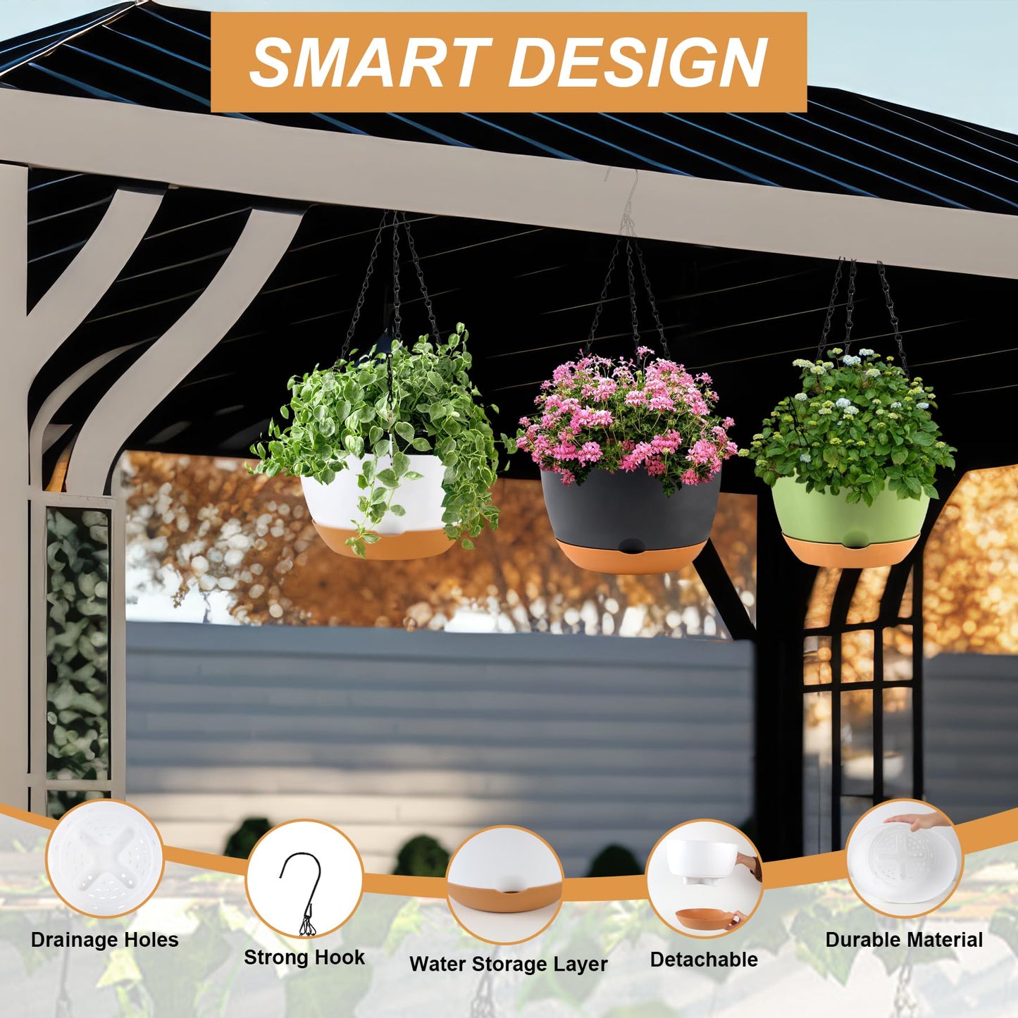 KPUVX 8/10/12 inch Hanging Planters for Indoor Outdoor Plants with Self-Watering Pots, 3 Pack Plastic Hanging Basket with Removable Tray for Home Garden Porch Balcony Patio Decor(White)