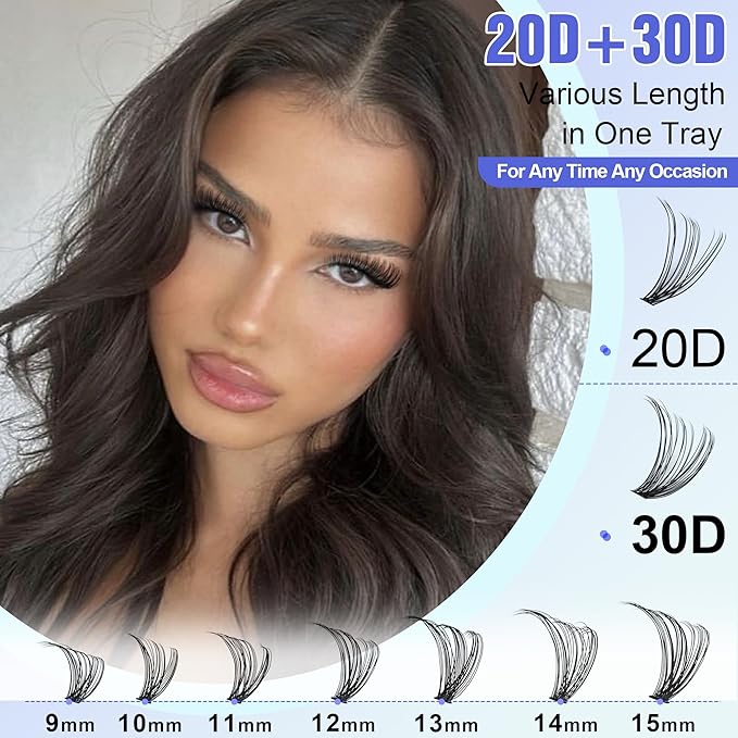 Pawotence Lash Extension Kit DIY 280pcs Individual Lash Clusters Kit 20D&30D Natural 9-15mm Cluster Eyelash Extensions Kit with Lash Bond and Seal, Tweezers for Self Use (20D&30D, 0.07D, 9-15mm, Kit)