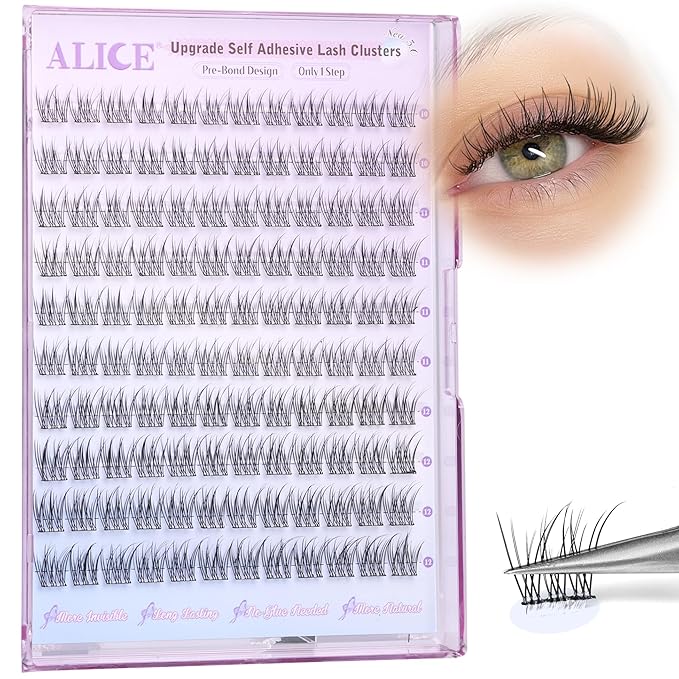 ALICE Self Adhesive Eyelashes Natural Self Adhesive Lash Clusters No Glue Needed Wispy Reusable Press on Lashes Pre-Glue 10-12mm 120pcs DIY Eyelash Extensions