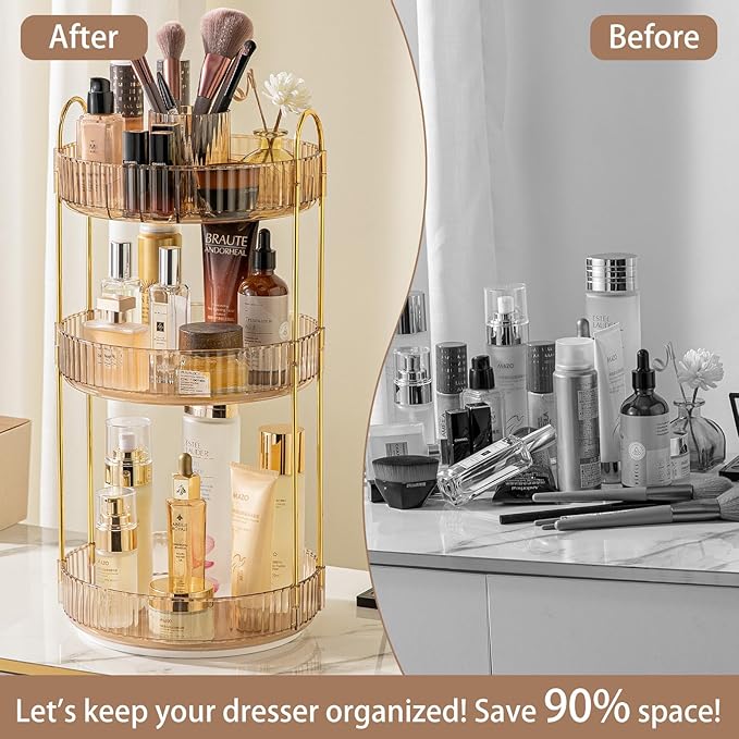 Rotating Makeup Organizer for Vanity, High-Capacity Skincare Clear Make Up Storage Perfume Organizers Cosmetic Dresser Organizer Countertop 360 Spinning (Gold, New-3 Tier)