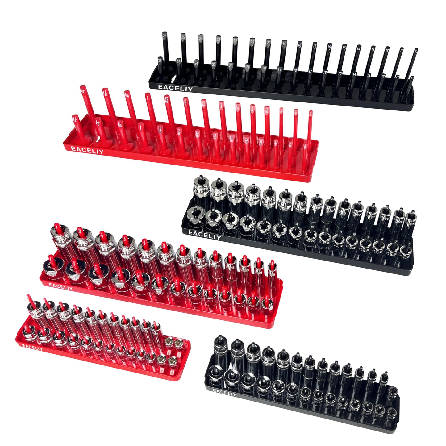 EACELIY 6PCS Socket Organizer Tray Set,1/2", 1/4" and 3/8" SAE & Metric Deep & Shallow Socket Holder Kit, Deep and Shallow Socket Holders for Toolboxes(sockets not included)
