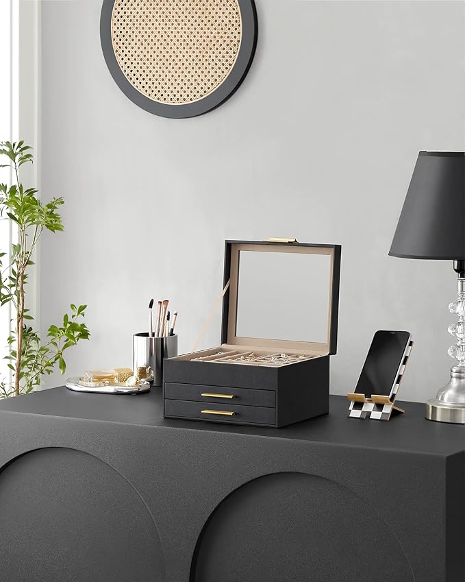 SONGMICS GISELLA Collection - Jewelry Box Organizer, 3-Layer Jewelry Storage with 2 Drawers, Shiny Metal Hardware, Glass Lid, Modern, 8 x 9.1 x 5.3 Inches, Ink Black and Gold Color UJBC239B03