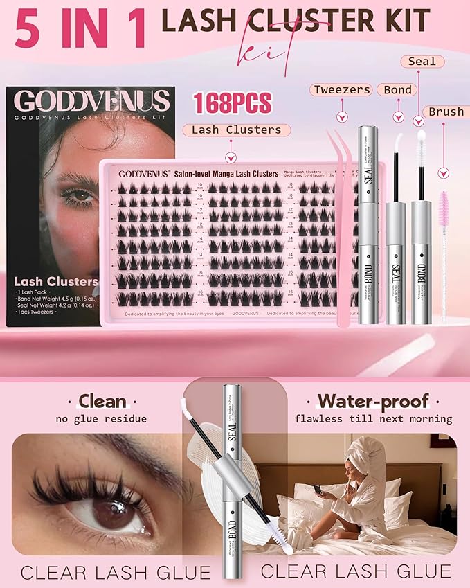 Goddvenus Fluffy Manga Lash Clusters Kit, Natural Wispy Cluster Eyelash Extensions, DIY Lash Extension at Home For Dolly Anime Look, Fairy Individual Lashes Kit with Waterproof Bond and Seal