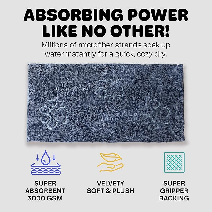 Dog Gone Smart Dirty Dog Doormat - Fast Drying Rug with Super Gripper Backing for Clean Floors - Super Absorbent and Machine Washable Mat for Muddy Paws - Mist Grey