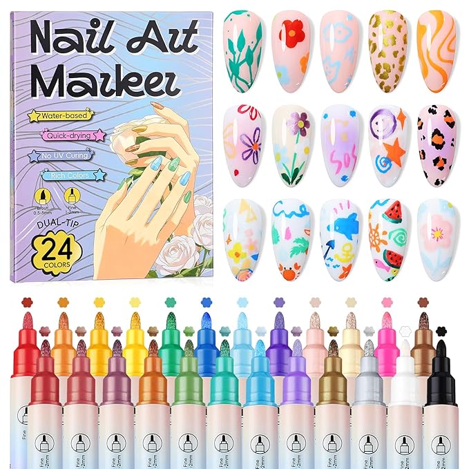 SAVILAND 24 Colors Nail Polish Pens Set: 20s Quick-Drying Dual-Tip Acrylic Paint Nail Art Pens Fine Tip for Painting Nails, Drawing Dots, Lines & Designs, Home DIY Nail Art Supplies