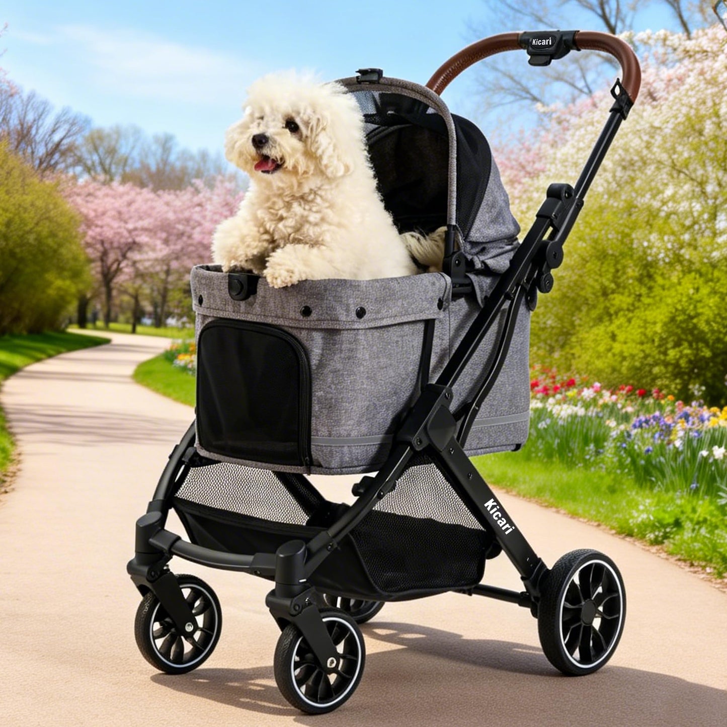Kicari All-Terrain Dog Stroller for Small to Medium Dogs, Pet Stroller for Dogs & Cats Outdoor Walks, One-Hand Easy Fold, Double-Layer Anti-UV & Waterproof Canopy & Breathable Mesh, Charcoal Gray